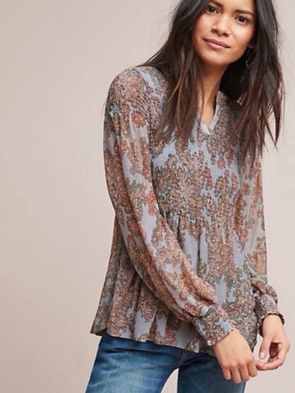 Akemi + Kin Anthropologie Adria Paisley Smocked Peasant Blouse